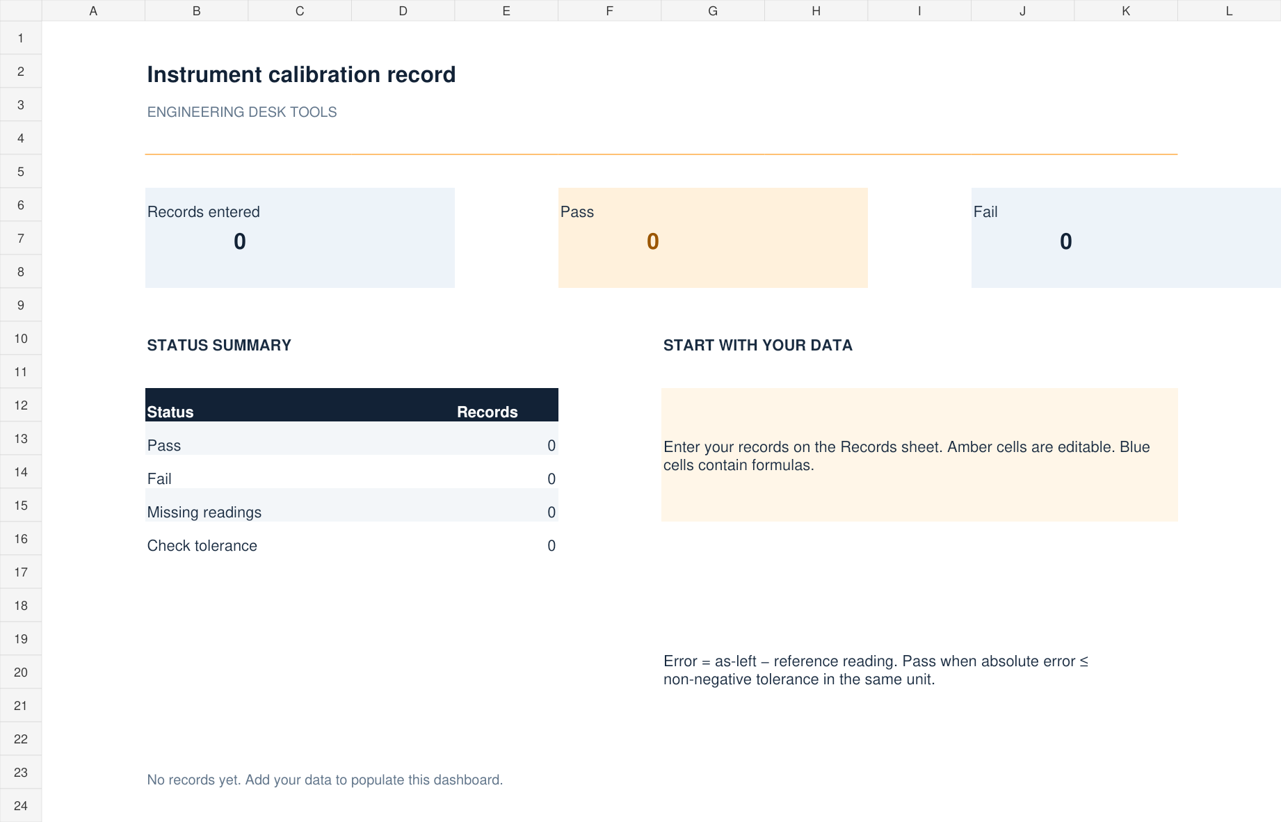 Excel dashboard preview for Instrument calibration record with blank records
