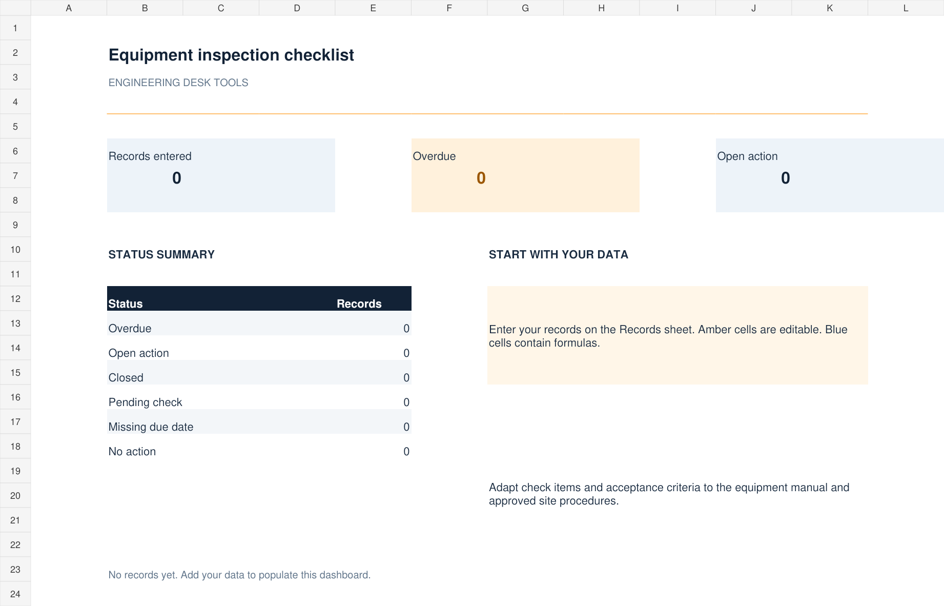 Excel dashboard preview for Equipment inspection checklist with blank records