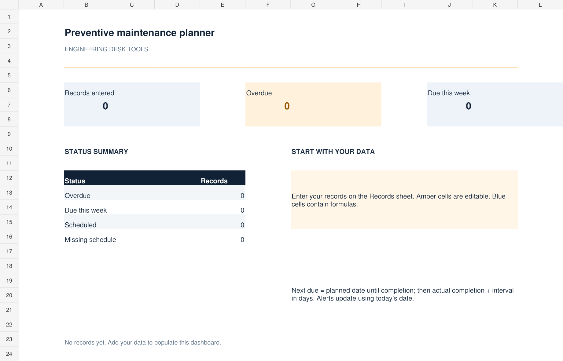 Excel dashboard preview for Preventive maintenance planner with blank records